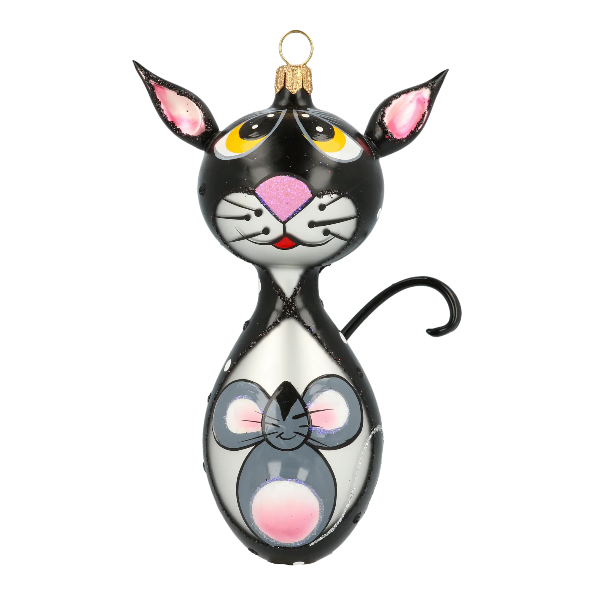 Cat and Mouse. Handmade Glass Christmas ornament. 2020-018
