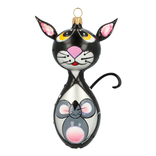 Cat and Mouse. Handmade Glass Christmas ornament. 2020-018