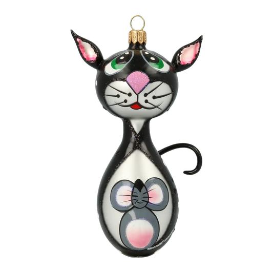 Christmas Ornament - Black Cat with Mouse. Handmade Glass Christmas ornament.