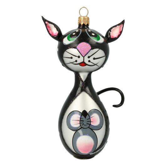 Christmas Ornament - Black Cat with Mouse. Handmade Glass Christmas ornament. 2020-019
