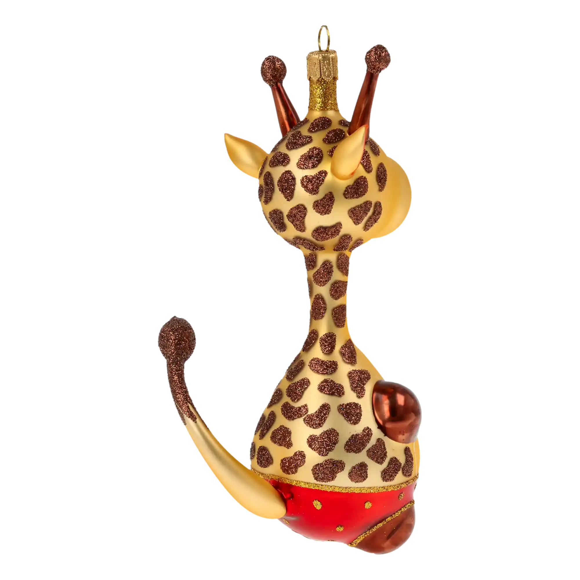 Giraffe in red shorts