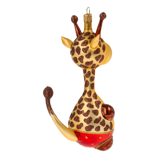 Giraffe in red shorts