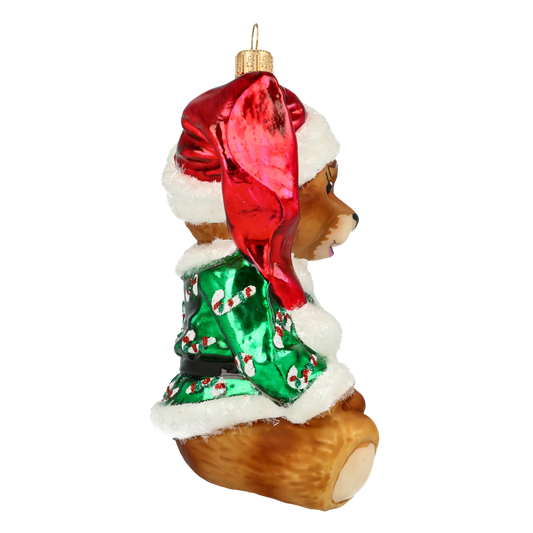 Teddy bear in a green cub. Handmade Glass Christmas ornament. 2020-197