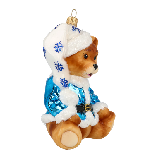 Teddy bear with snowflakes. Handmade Glass Christmas ornament. 2020-198