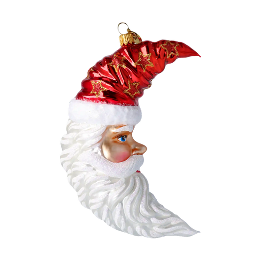 Santa Claus Moon on a Star Banner. Handcrafted Glass Christmas Ornament.