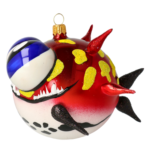 Spiky Pufferfish in Scarlet & Lemon | Hand-Painted Glass Ornament | Blubom 2021-034