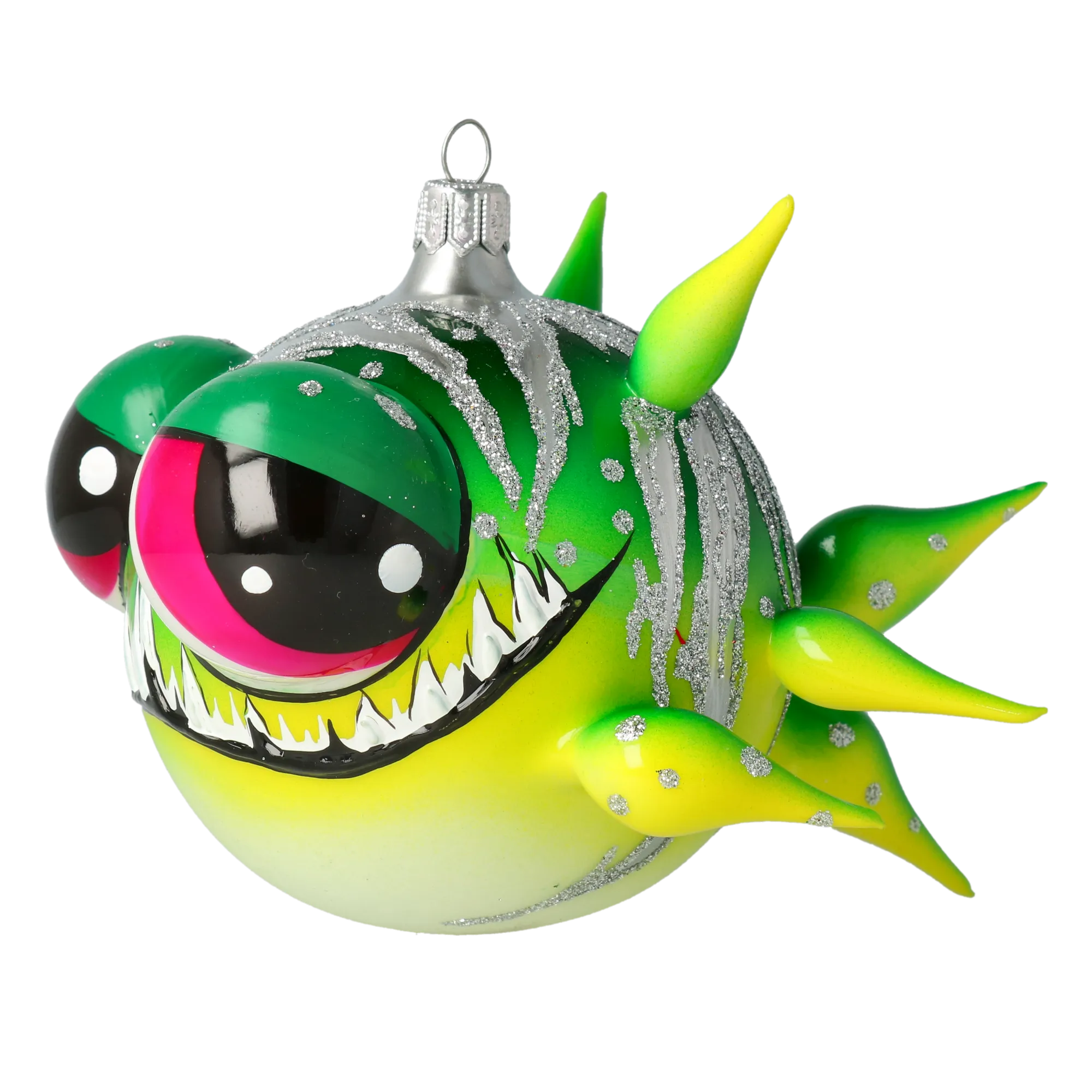 Green spiny fish. Handmade Glass Christmas ornament. 2021-039