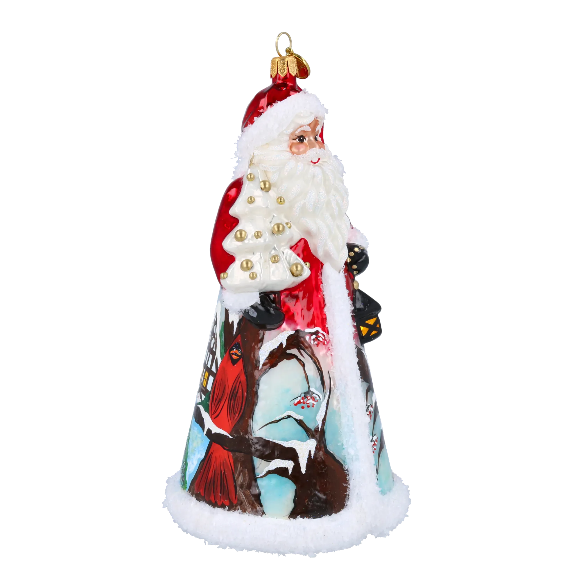 Santa with Cardinal and Village  Handmade Glass Christmas ornament 2022-083