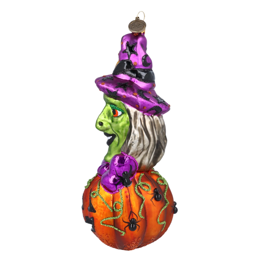 Witch on a Pumpkin. Handmade Glass Christmas ornament. 2022-115