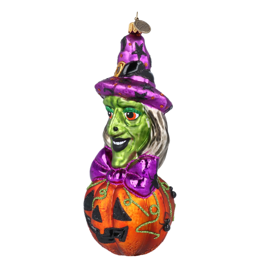 Witch on a Pumpkin. Handmade Glass Christmas ornament. 2022-115