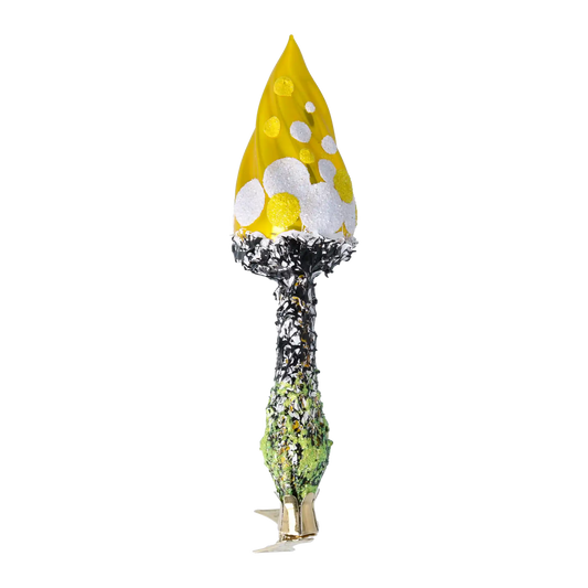 Yellow Mushroom with Brocade Dots. Handmade Glass Christmas ornament.