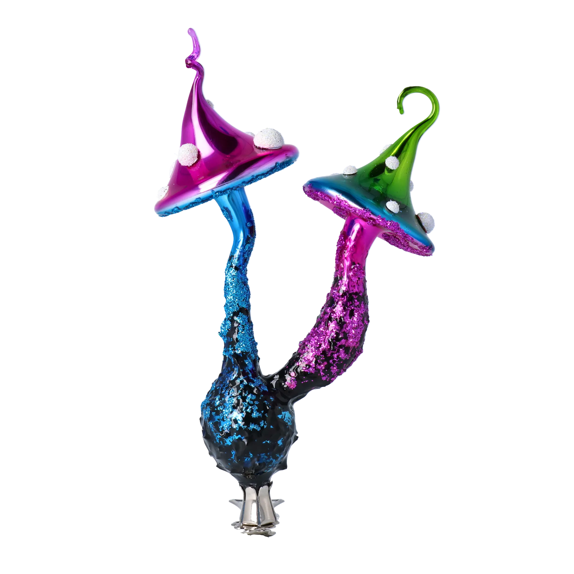 Mushrooms at a clip. Handmade Glass Christmas ornament. 2022-412