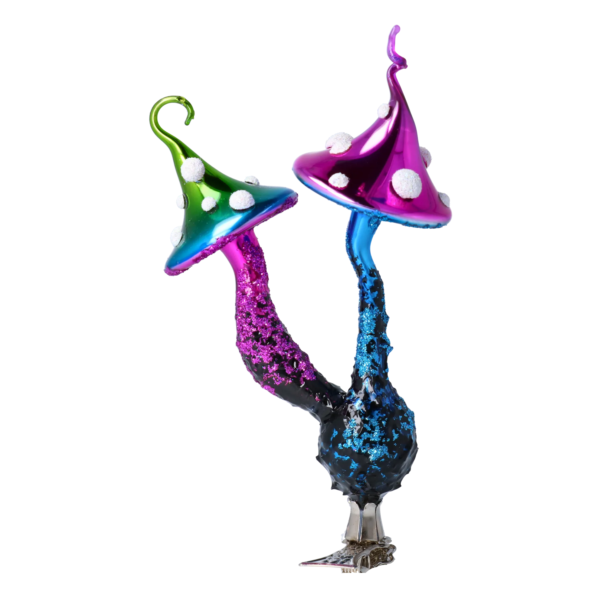 Mushrooms at a clip. Handmade Glass Christmas ornament. 2022-412