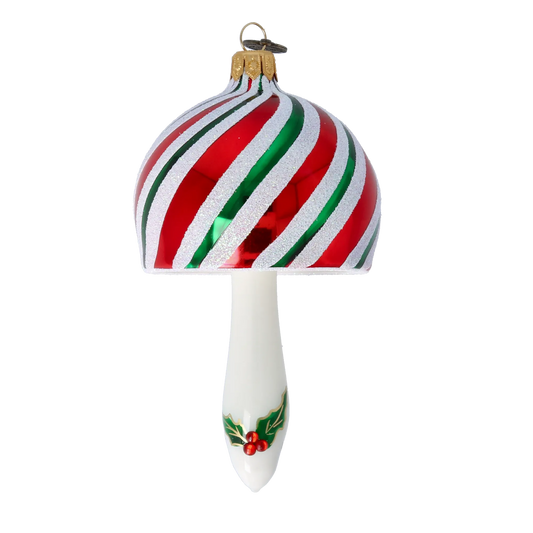 Candy Striped Holly Mushroom Premium christmas glass ornament 2022-515