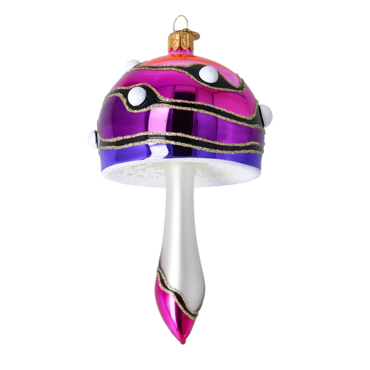 Mushroom-shaped bauble in shades of pink and purple. Handmade Glass Christmas ornament. 2022-588