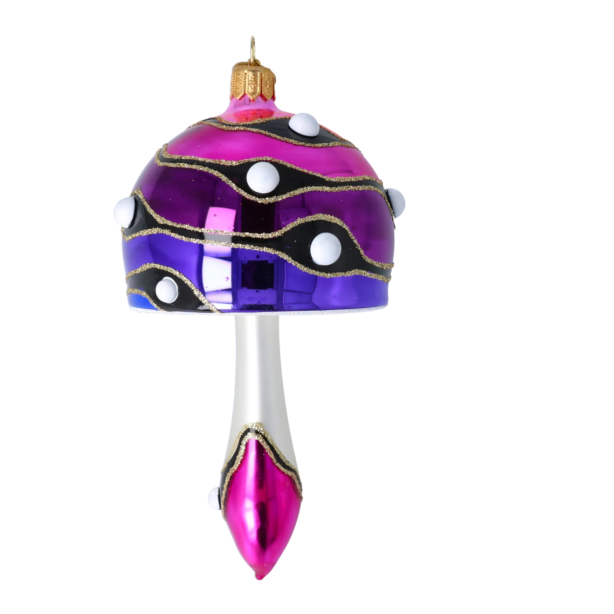 Mushroom-shaped bauble in shades of pink and purple. Handmade Glass Christmas ornament. 2022-588