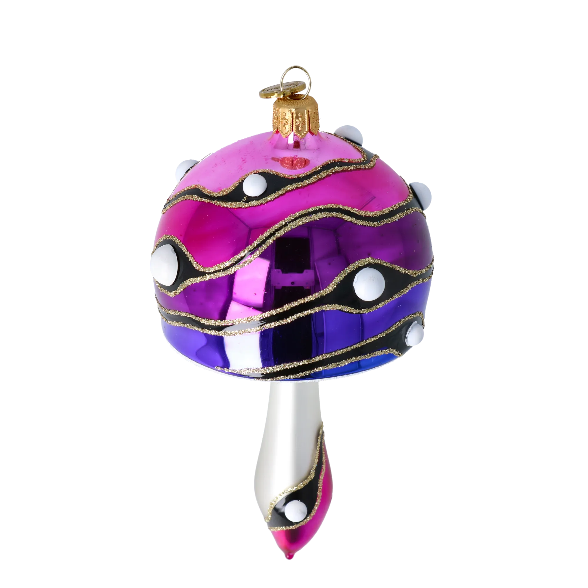 Mushroom-shaped bauble in shades of pink and purple. Handmade Glass Christmas ornament. 2022-588