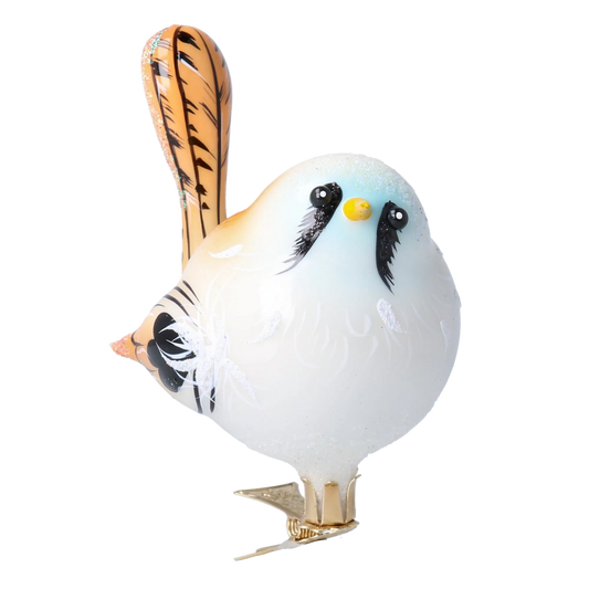 Whiskered bird. Handmade Glass Christmas ornament. 2024-023