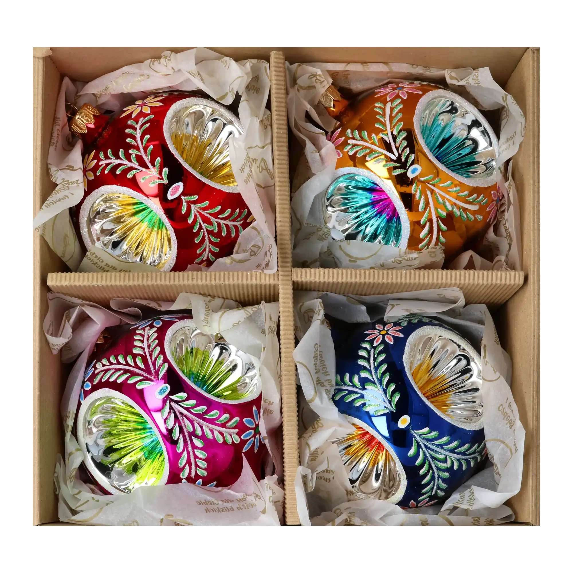 Vintage Reflections  Set of 4 Glass Baubles Colorful Handmade Glass Christmas ornament