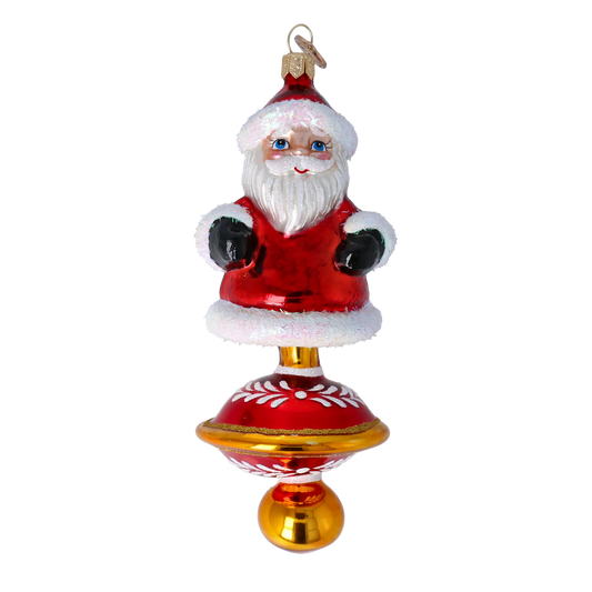 Ornament Merry Santa Claus on a spinning wheel. Handmade Glass Christmas ornament. 2024-255