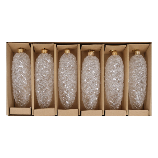 Crystal Frost Pinecone Ornaments – Set of 6. Handmade Glass Christmas ornament. 2025-207
