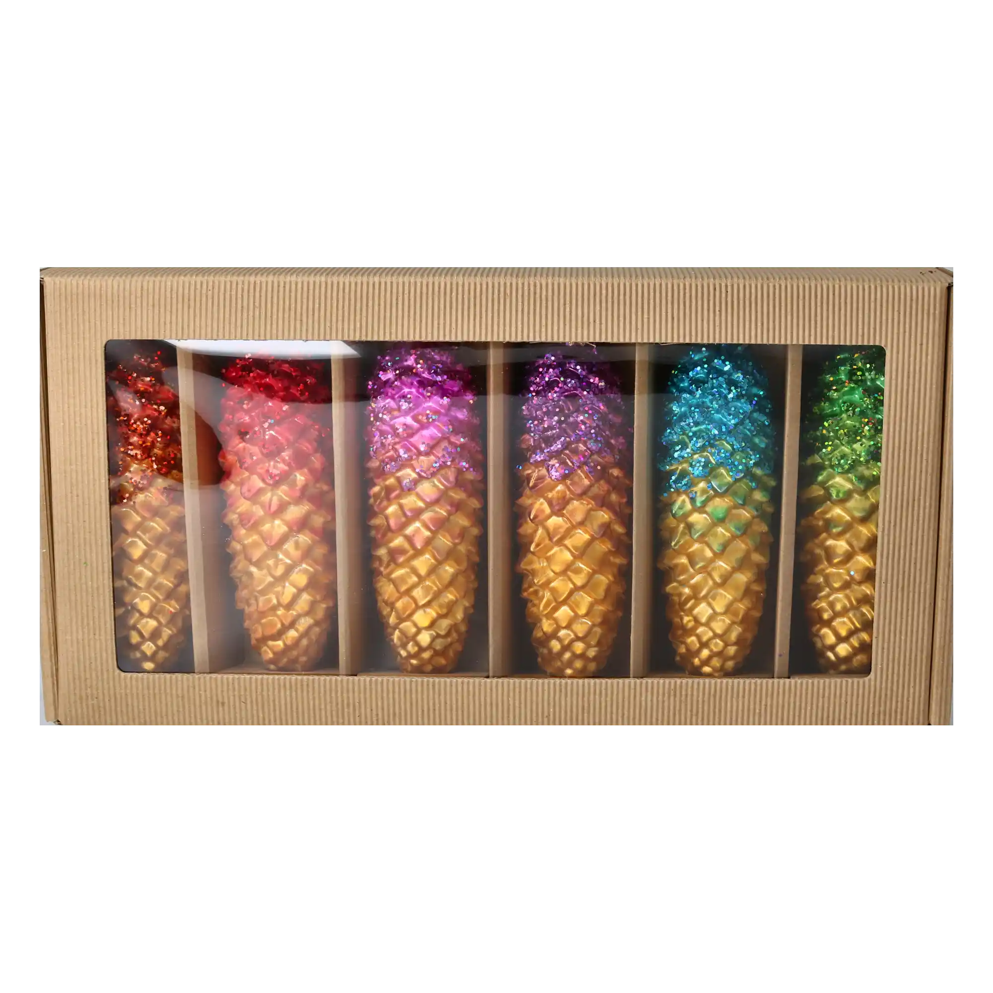 Rainbow Forest – 6 Set of Glass Pinecone Ornaments Handmade Glass Christmas ornament.