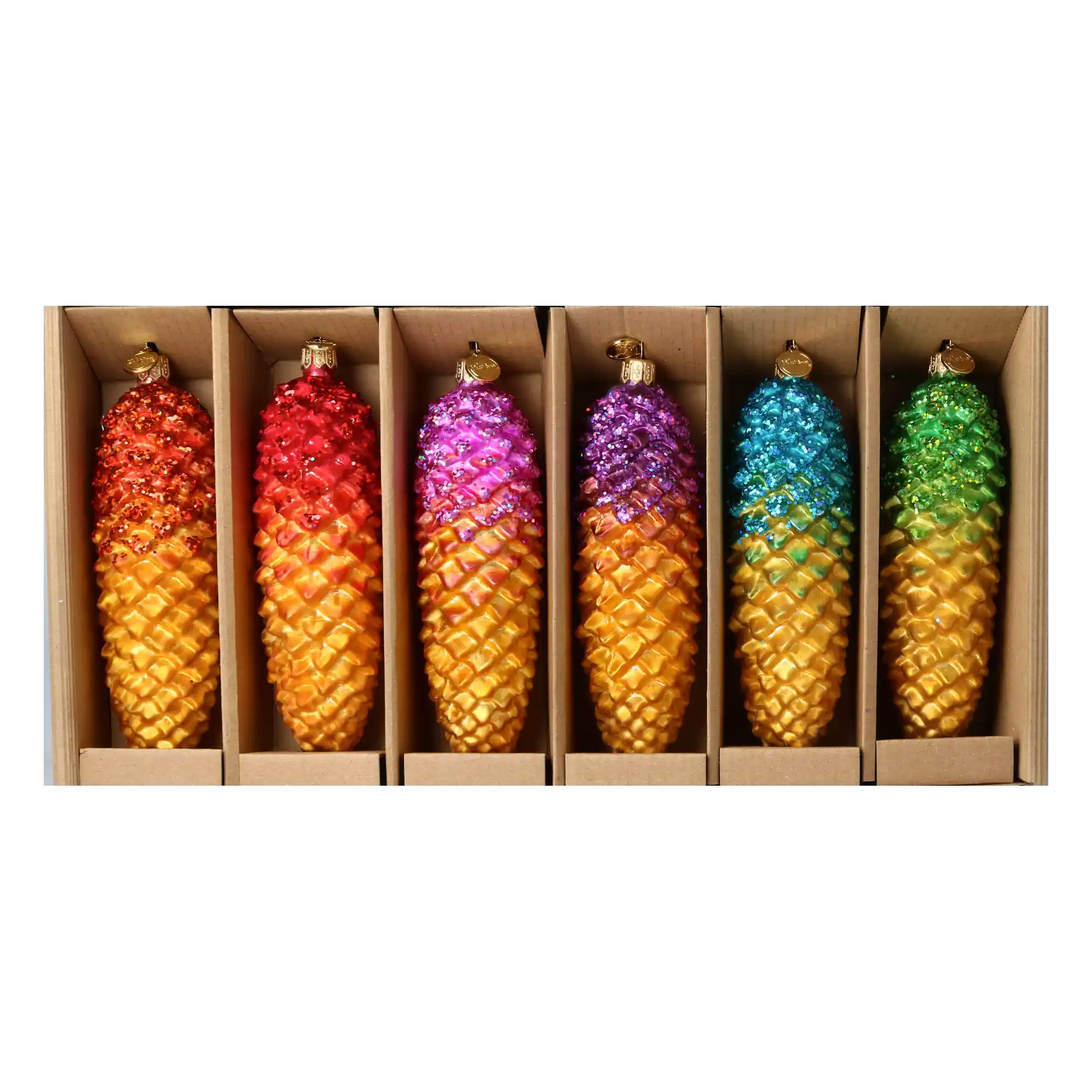 Rainbow Forest – 6 Set of Glass Pinecone Ornaments Handmade Glass Christmas ornament.