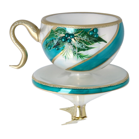 Evergreen Teal Cup Free Blowing Glass Teacup Ornament 2026-118