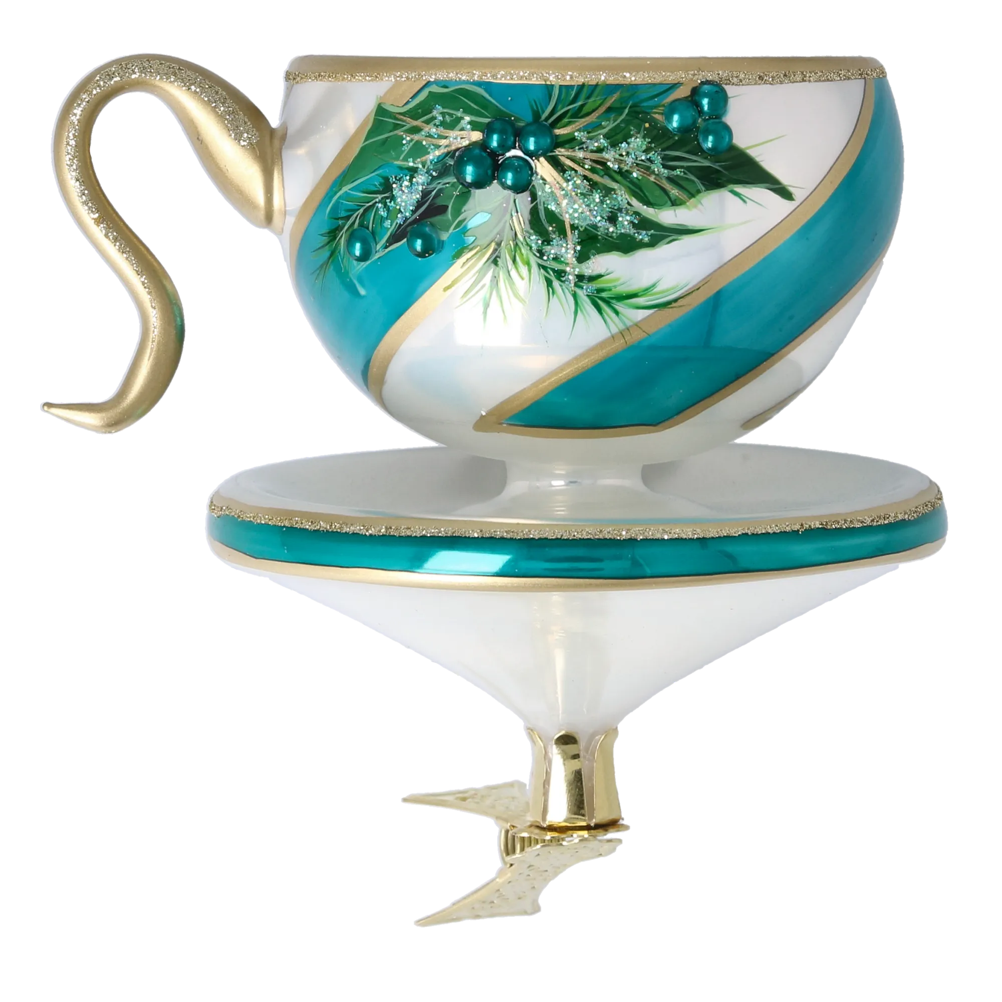 Evergreen Teal Cup Free Blowing Glass Teacup Ornament 2026-118