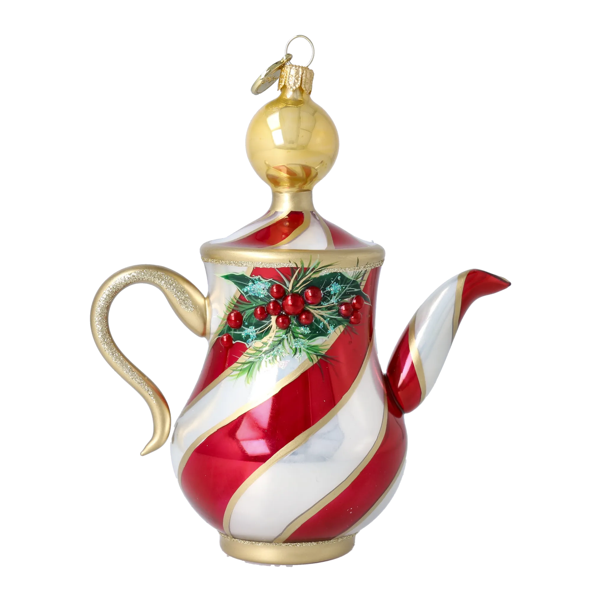 Festive Holly Tea Pot Free Blowing Glass Ornament 2026-121