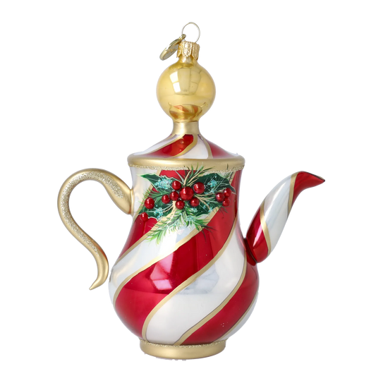 Festive Holly Tea Pot Free Blowing Glass Ornament 2026-121