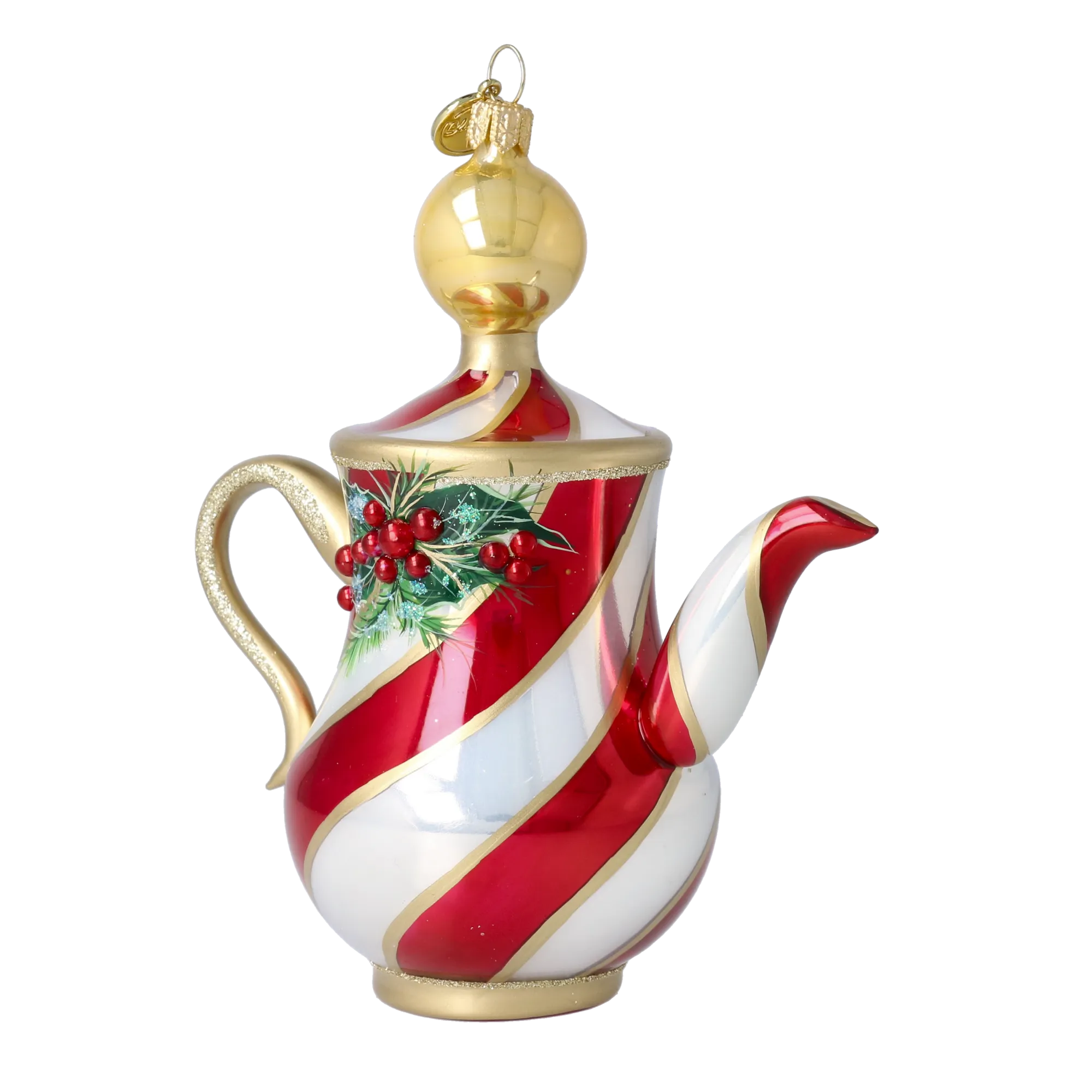 Festive Holly Tea Pot Free Blowing Glass Ornament 2026-121
