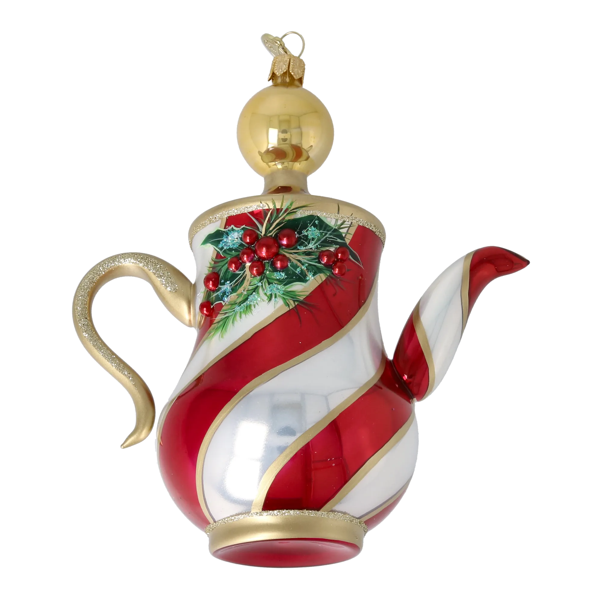 Festive Holly Tea Pot Free Blowing Glass Ornament 2026-121