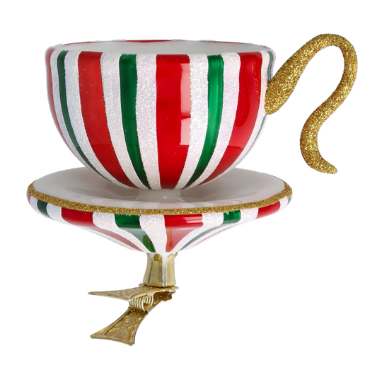 Holiday Stripe Cup Free Blowing Glass Teacup Ornament 2026-126