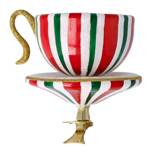 Holiday Stripe Cup Free Blowing Glass Teacup Ornament 2026-126