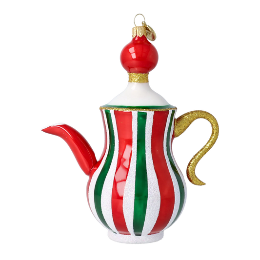 Holiday Stripe Tea Pot Free Blowing Glass Ornament 2026-127