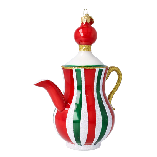 Holiday Stripe Tea Pot Free Blowing Glass Ornament 2026-127