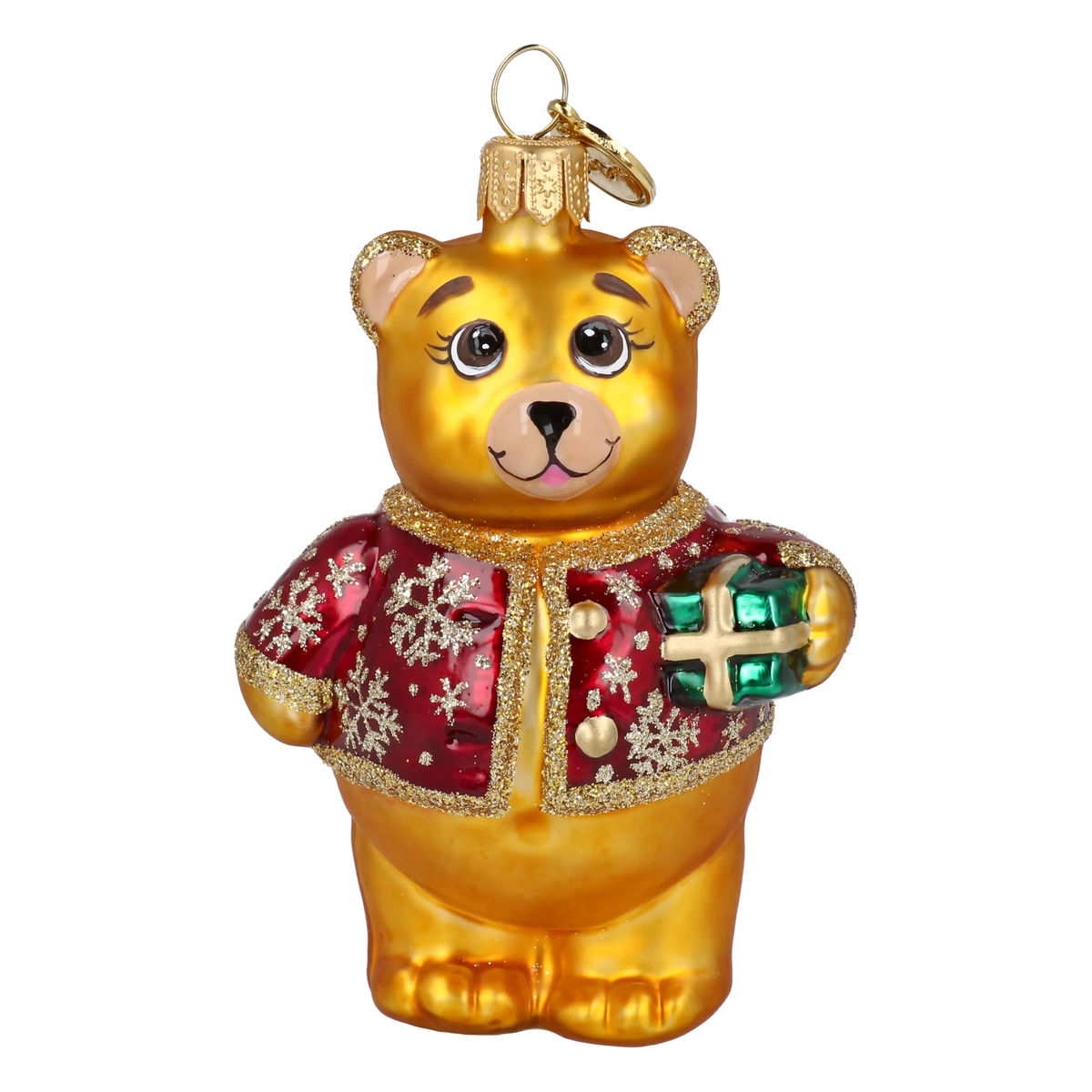 Bear's Little Gift in Ruby & Gold | Hand-Painted Glass Ornament | Blubom 2027-003