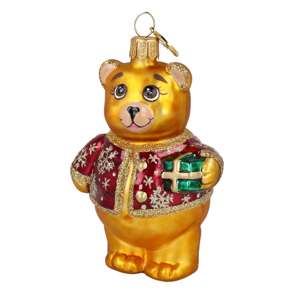 Bear's Little Gift in Ruby & Gold | Hand-Painted Glass Ornament | Blubom 2027-003