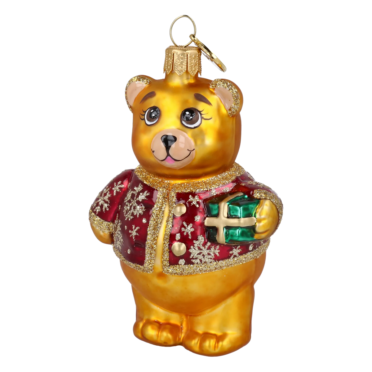 Bear's Little Gift in Ruby & Gold | Hand-Painted Glass Ornament | Blubom 2027-003