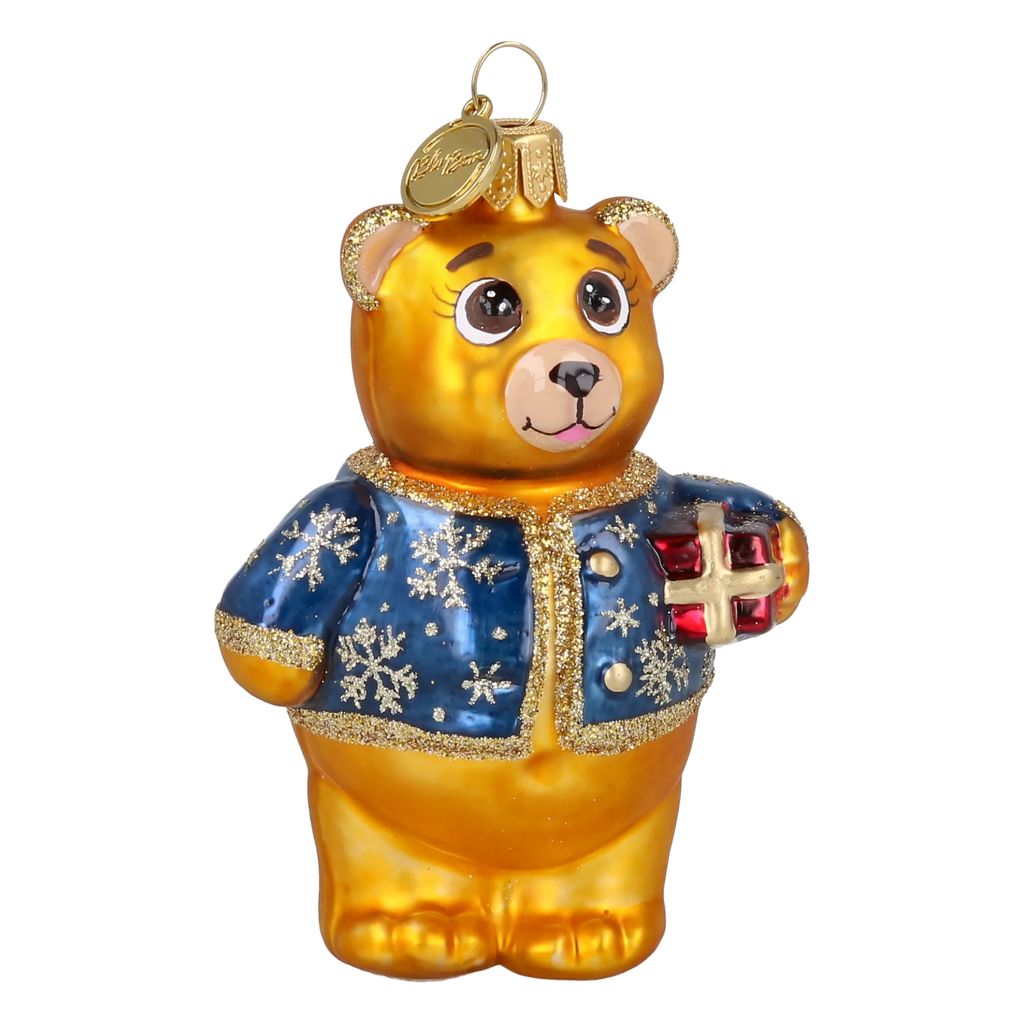 Bear's Little Gift in Cobalt & Gold | Hand-Painted Glass Ornament | Blubom 2027-004