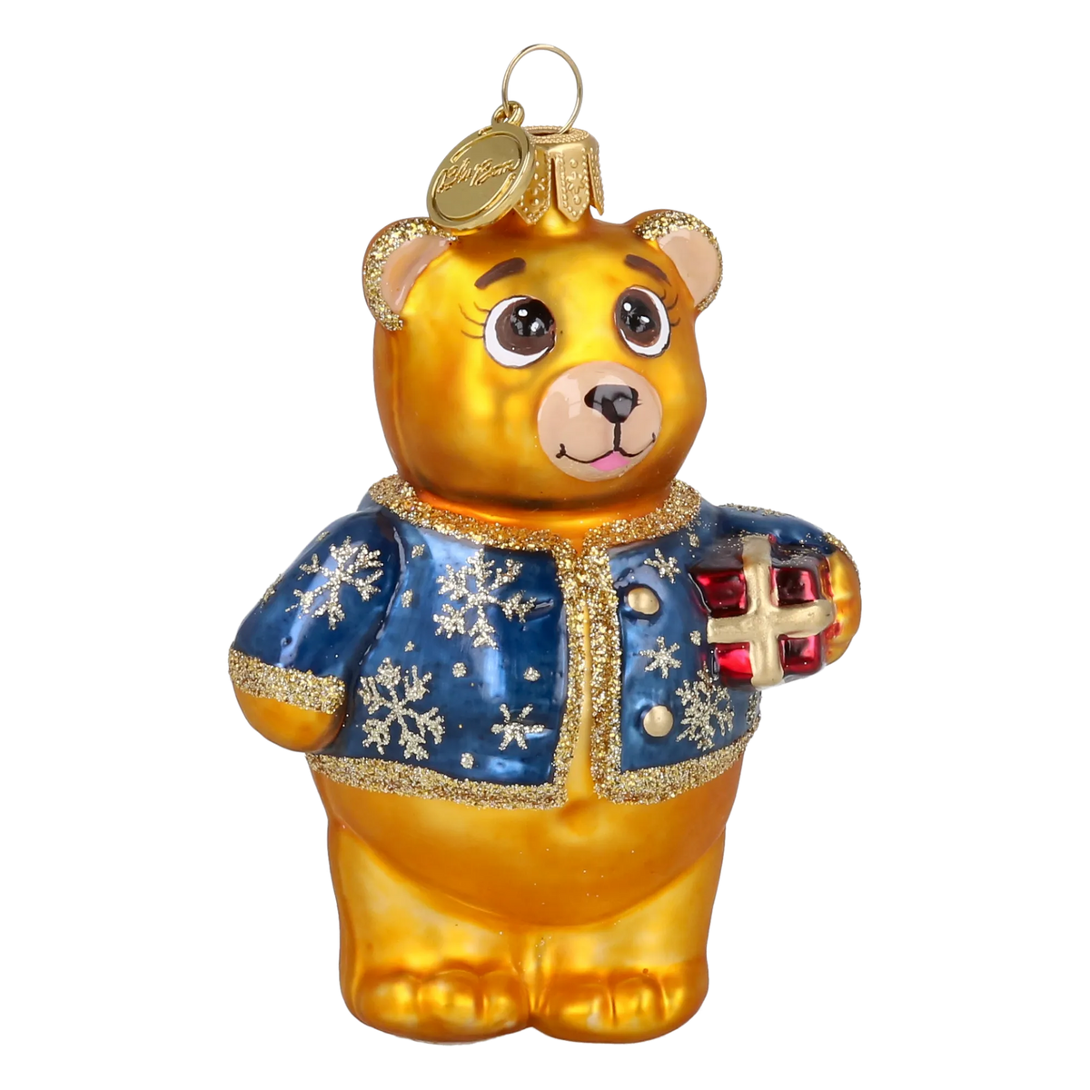 Bear's Little Gift in Cobalt & Gold | Hand-Painted Glass Ornament | Blubom 2027-004
