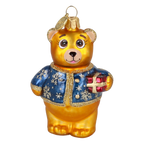 Bear's Little Gift in Cobalt & Gold | Hand-Painted Glass Ornament | Blubom 2027-004