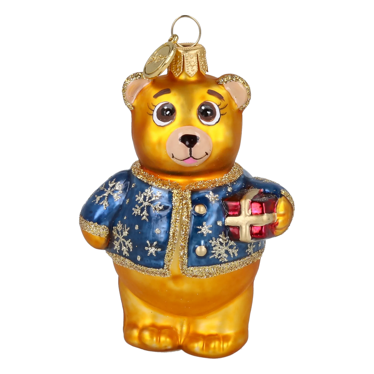 Bear's Little Gift in Cobalt & Gold | Hand-Painted Glass Ornament | Blubom 2027-004