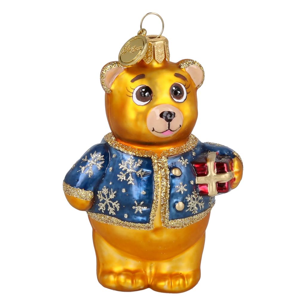 Bear's Little Gift in Cobalt & Gold | Hand-Painted Glass Ornament | Blubom 2027-004