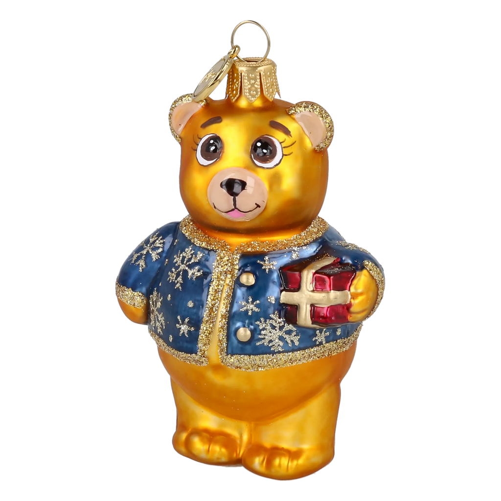 Bear's Little Gift in Cobalt & Gold | Hand-Painted Glass Ornament | Blubom 2027-004