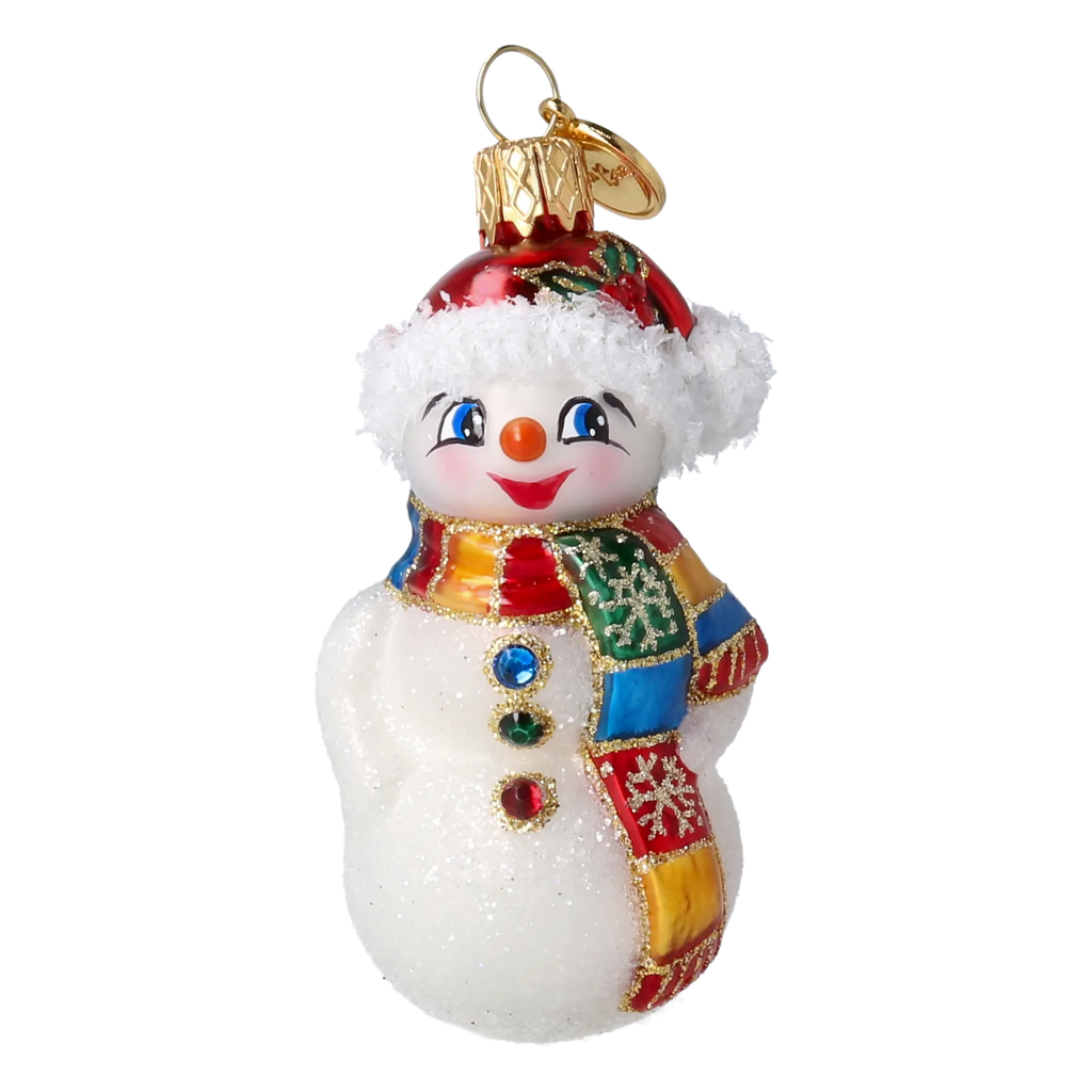Bundled-Up Snowman in Patchwork | Hand-Painted Glass Ornament | Blubom 2027-006