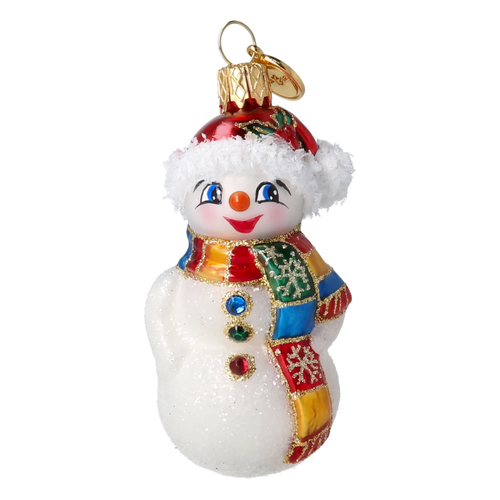 Bundled-Up Snowman in Patchwork | Hand-Painted Glass Ornament | Blubom 2027-006