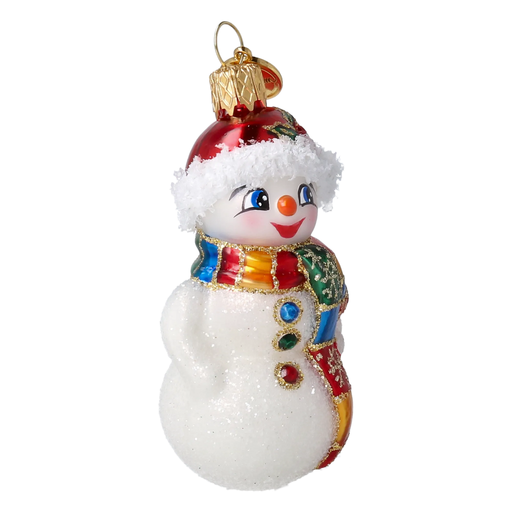 Bundled-Up Snowman in Patchwork | Hand-Painted Glass Ornament | Blubom 2027-006