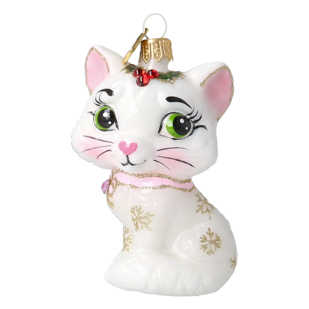 Little Cat in Pearl & Pink | Hand-Painted Glass Ornament | Blubom 2027-008